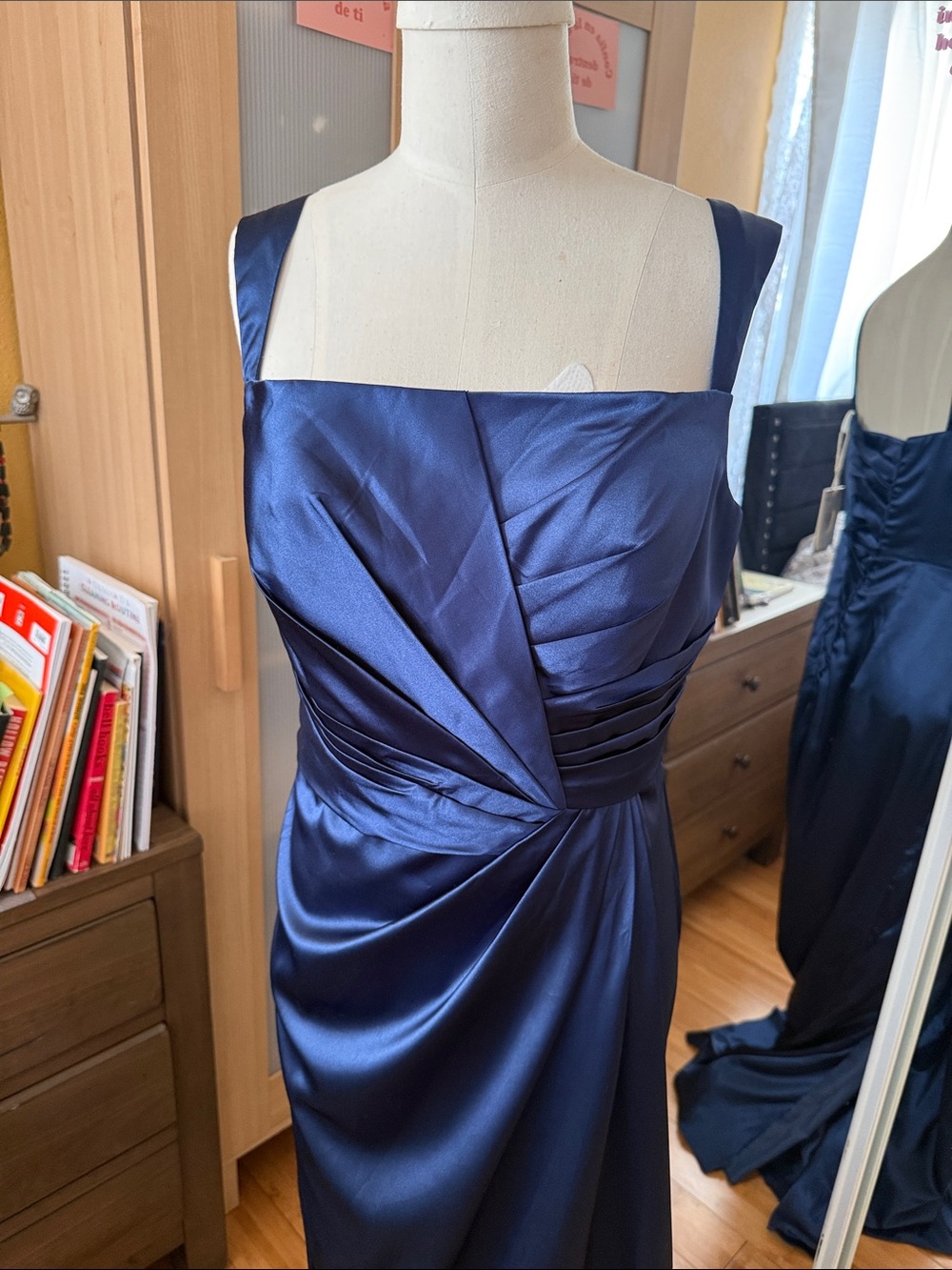 Navy Satin Lace-Up Back Evening Gown Size 10 - Picture 3 of 7